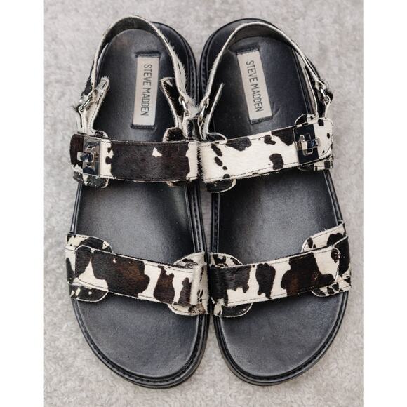 Steve Madden BigMona Black White Cow Print Platform Sandals Womens Size 10 - Picture 9 of 15